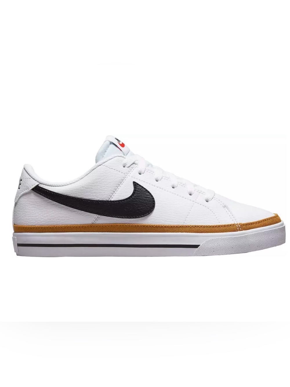 Nike women’s White Court Legacy Sneakers with Black Swoosh and Tan Trim
